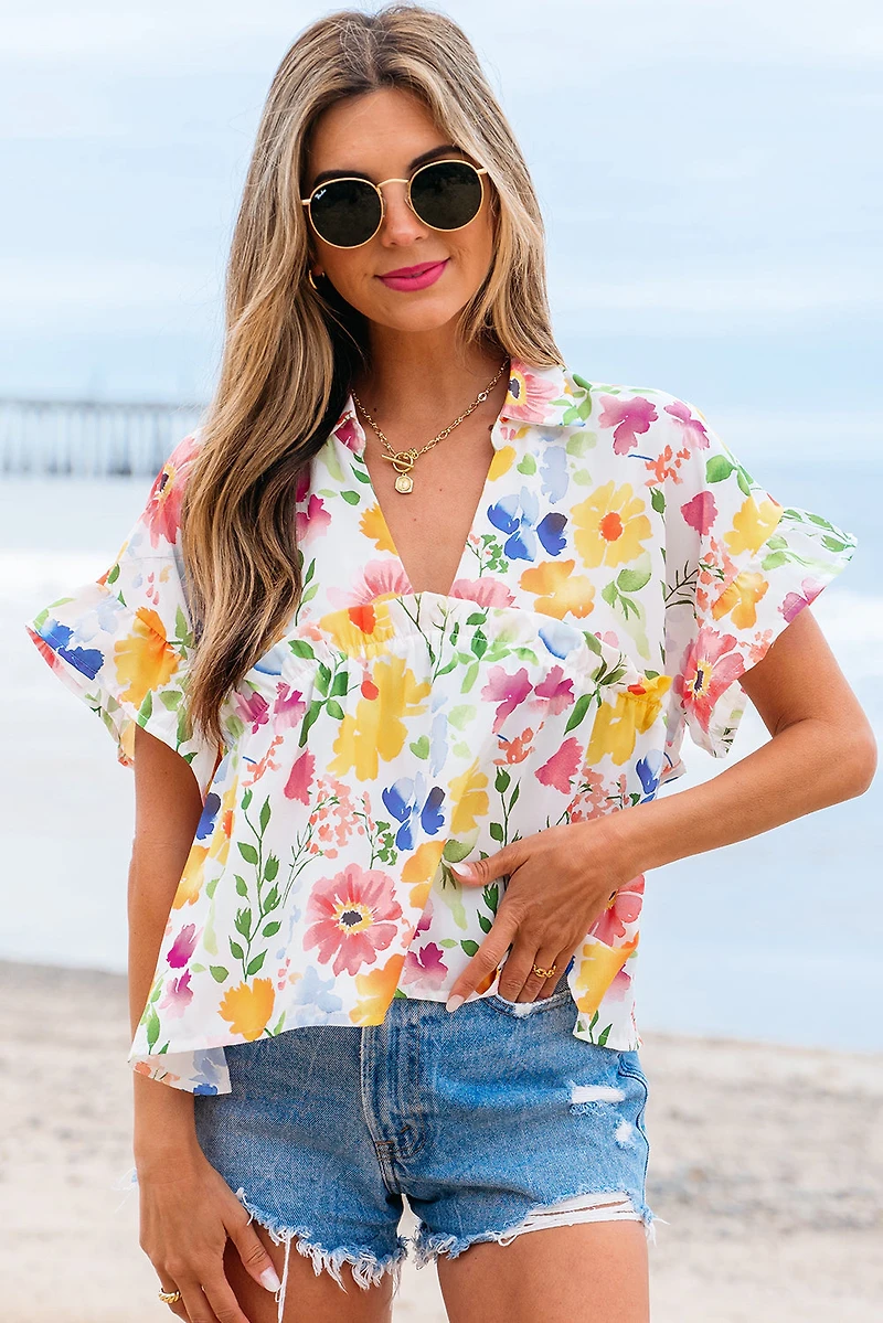 Threaded Pear Women's Liberty Floral Boxy Fit Ruffled Short Sleeve V Neck Blouse