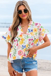 Threaded Pear Women's Liberty Floral Boxy Fit Ruffled Short Sleeve V Neck Blouse