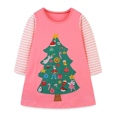 MyKids-USA Baby Girl Cartoon Christmas Tree Pattern Striped Sleeve Design Princess Dress
