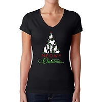 LA Pop Art Womens Word V-Neck T-Shirt - Meowy Christmas Tree