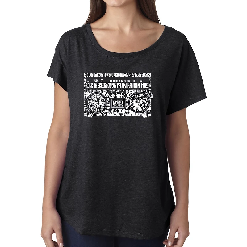 LA Pop Art Women's Dolman Word Shirt - Greatest Rap Hits of The 1980's