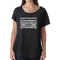 LA Pop Art Women's Dolman Word Shirt - Greatest Rap Hits of The 1980's