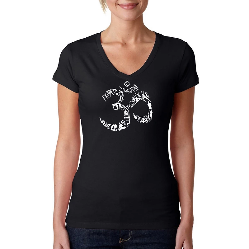 LA Pop Art Womens Word V-Neck T-Shirt - THE OM SYMBOL OUT OF YOGA POSES