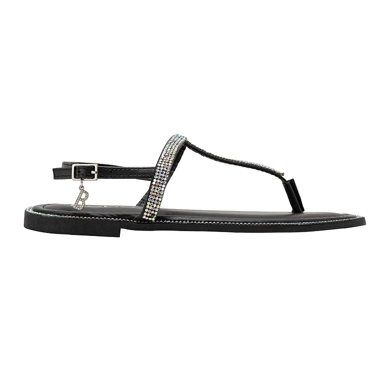 bebe Women’s Rhinestone T-Strap Sandals - Flat Thong with Ankle Strap