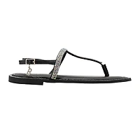 bebe Women’s Rhinestone T-Strap Sandals - Flat Thong with Ankle Strap