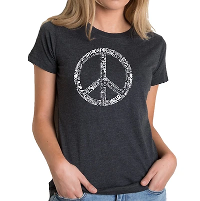 LA Pop Art Women's Cotton/Poly Blend WORD T-Shirt - THE PEACE 77 LANGUAGES