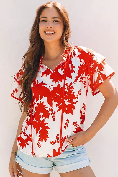 Threaded Pear Women's Zoya Tiered Ruffled Sleeve V Neck Blouse