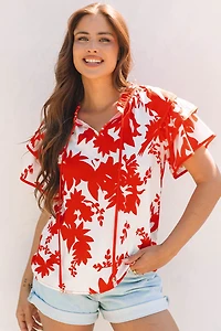 Threaded Pear Women's Zoya Tiered Ruffled Sleeve V Neck Blouse