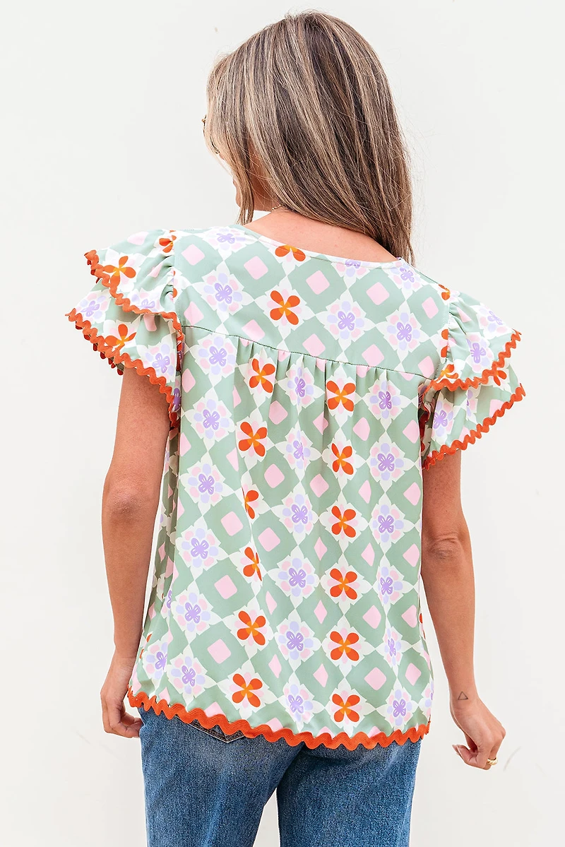 Threaded Pear Women's Belen Floral Layered Flutter Sleeve Rac Trim Blouse