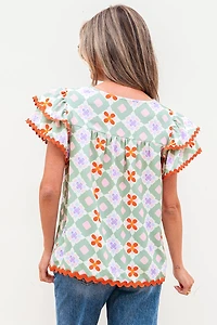 Threaded Pear Women's Belen Floral Layered Flutter Sleeve Rac Trim Blouse