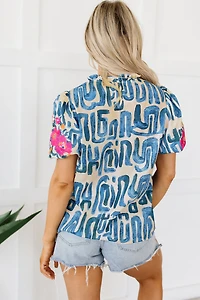 Threaded Pear Women's Lara Puff Sleeve Frilled Neck Printed Top