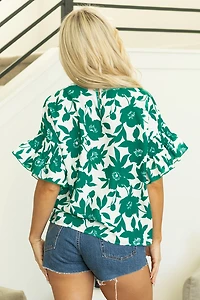 Threaded Pear Women's Mavis Floral Ruffled Short Sleeve Loose Blouse