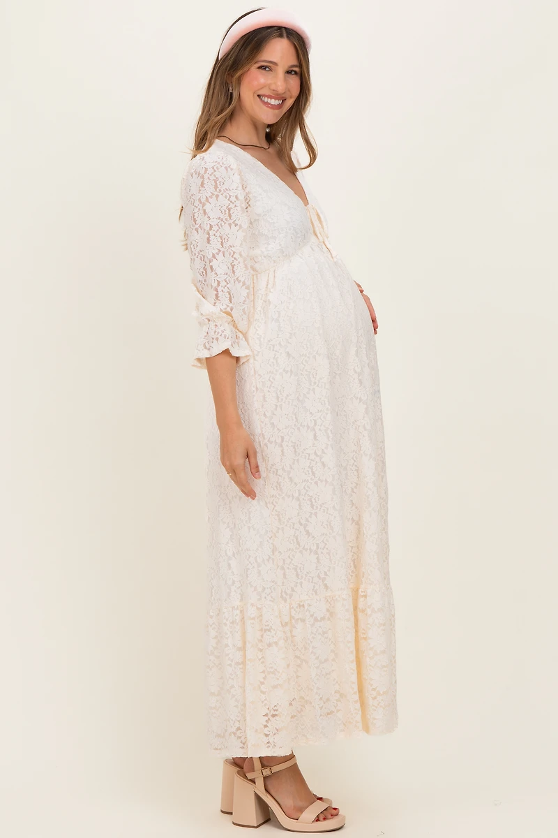 PinkBlush Womens Ivory Floral Lace 3/4 Ruffle Sleeve V-Neck Maternity Maxi Dress