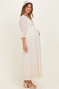 PinkBlush Womens Ivory Floral Lace 3/4 Ruffle Sleeve V-Neck Maternity Maxi Dress
