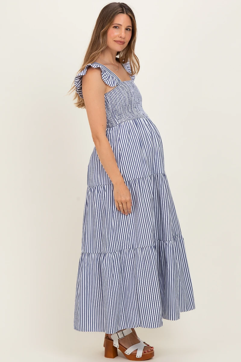 PinkBlush Womens Navy Striped Ruffle Strap Smocked Maternity Maxi Dress