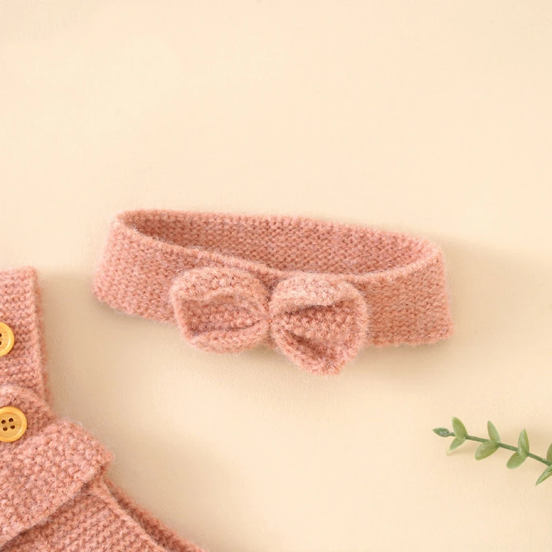 MyKids-USA Baby Girl Solid Color Ruffle Design Knit Romper With Headband