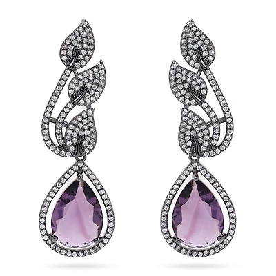 AGP PARIS Womens Contemporary Leaf-Shaped Purple Drop Earrings