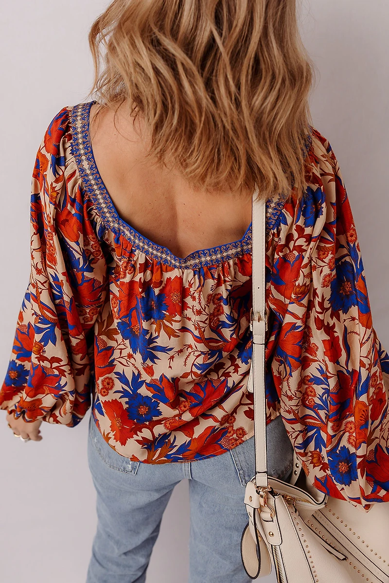 Threaded Pear Women's Adeline Floral Print Square Neck Backless Loose Fit Blouse