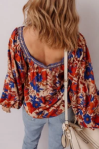 Threaded Pear Women's Adeline Floral Print Square Neck Backless Loose Fit Blouse