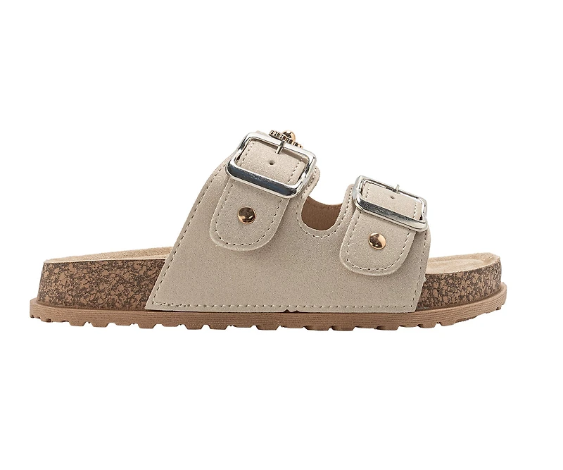 bebe Girl's Footbed Slide Sandals with Buckle Straps and Charm Accents