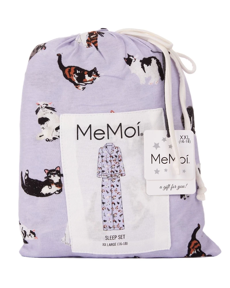 MeMoi Women's Crazy Cats Notch Collar Cotton Blend Pant Pajama Set
