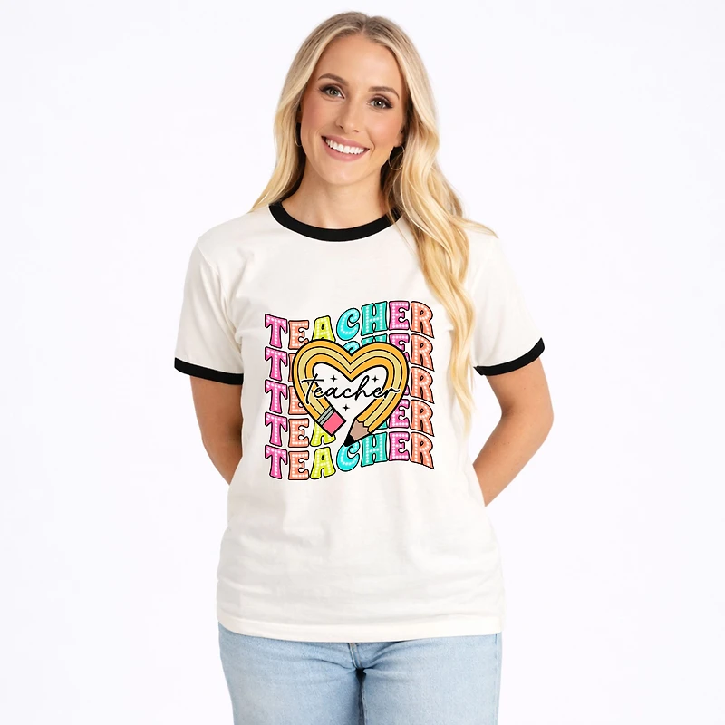 Simply Sage Market - Teacher Pencil Heart Women's Ringer Graphic T-Shirt