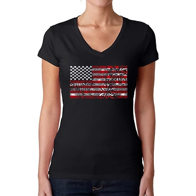 LA Pop Art Womens Word V-Neck T-Shirt - Fireworks American Flag