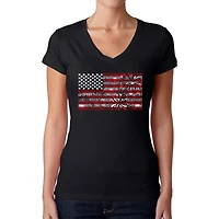 LA Pop Art Womens Word V-Neck T-Shirt - Fireworks American Flag