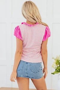 Threaded Pear Women's Rosie Stripe Ruffled V Neck Cap Puff Sleeve Top