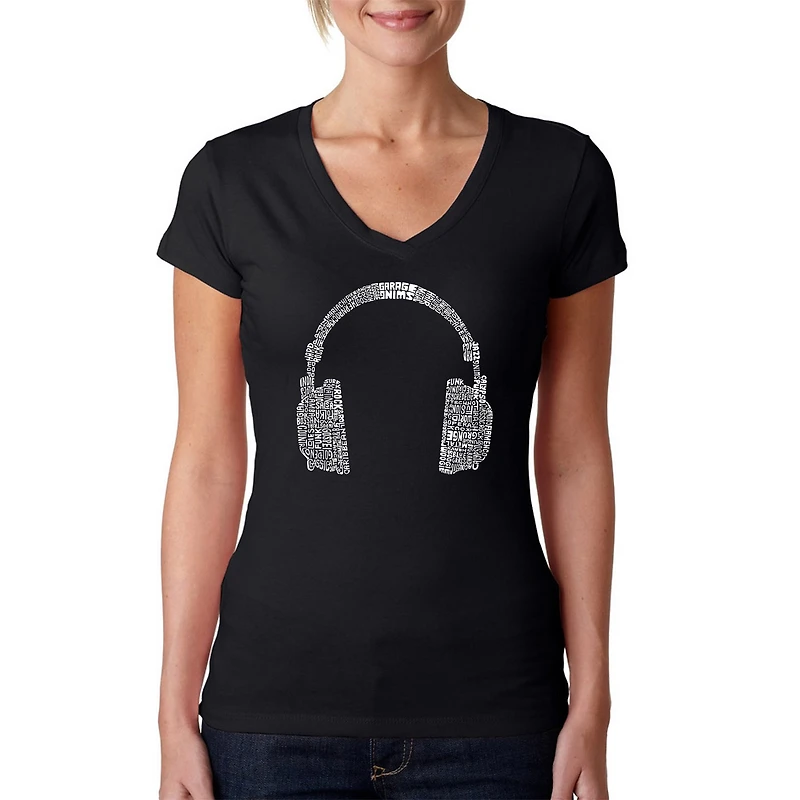 LA Pop Art Womens Word V-Neck T-Shirt - Headphones