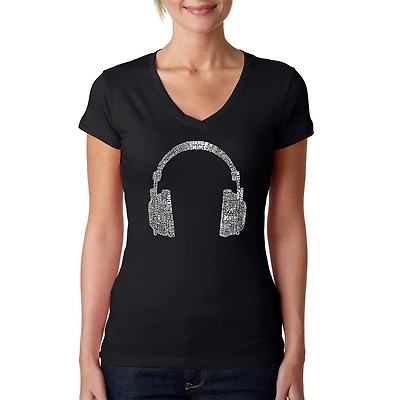 LA Pop Art Womens Word V-Neck T-Shirt - Headphones