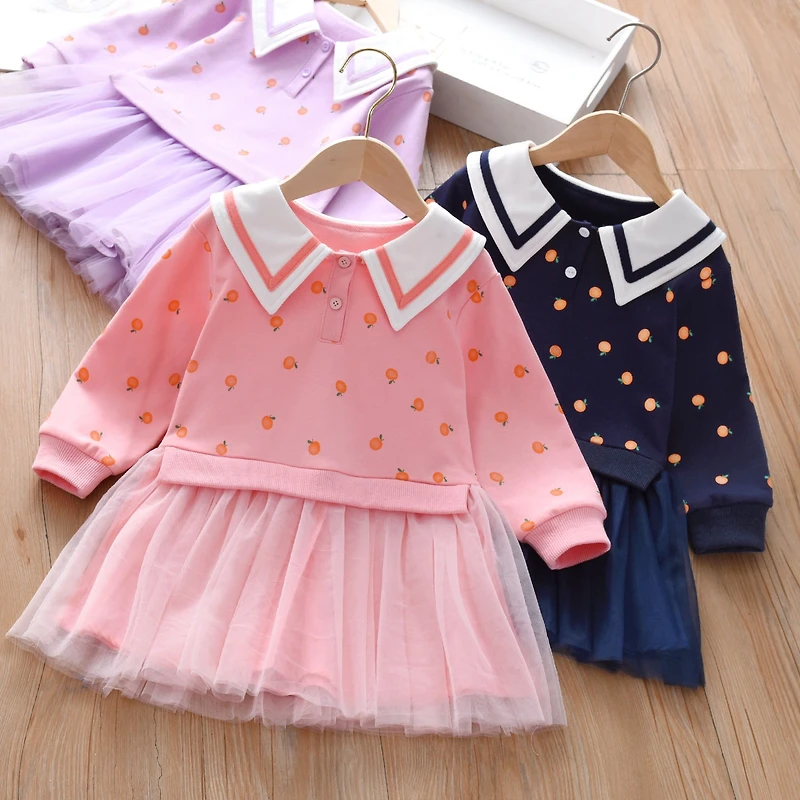 MyKids-USA Baby Girl Fruit Print Mesh Patchwork Notch Collar Long Sleeve Dress