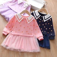 MyKids-USA Baby Girl Fruit Print Mesh Patchwork Notch Collar Long Sleeve Dress