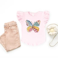 The Juniper Shop - Girl's Flutter Sleeve Graphic T-Shirt Denim Butterfly Faux Patchwork