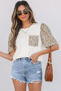 Threaded Pear Women's Leona Leopard Lace Trim Puff Sleeve Top