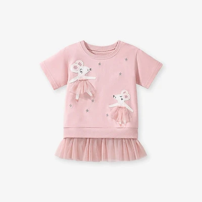 MyKids-USA Pink Tulle Dress for Girls with Dancing Mouse Print, Short Sleeves, Cotton Lining
