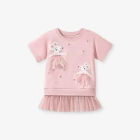 MyKids-USA Pink Tulle Dress for Girls with Dancing Mouse Print, Short Sleeves, Cotton Lining