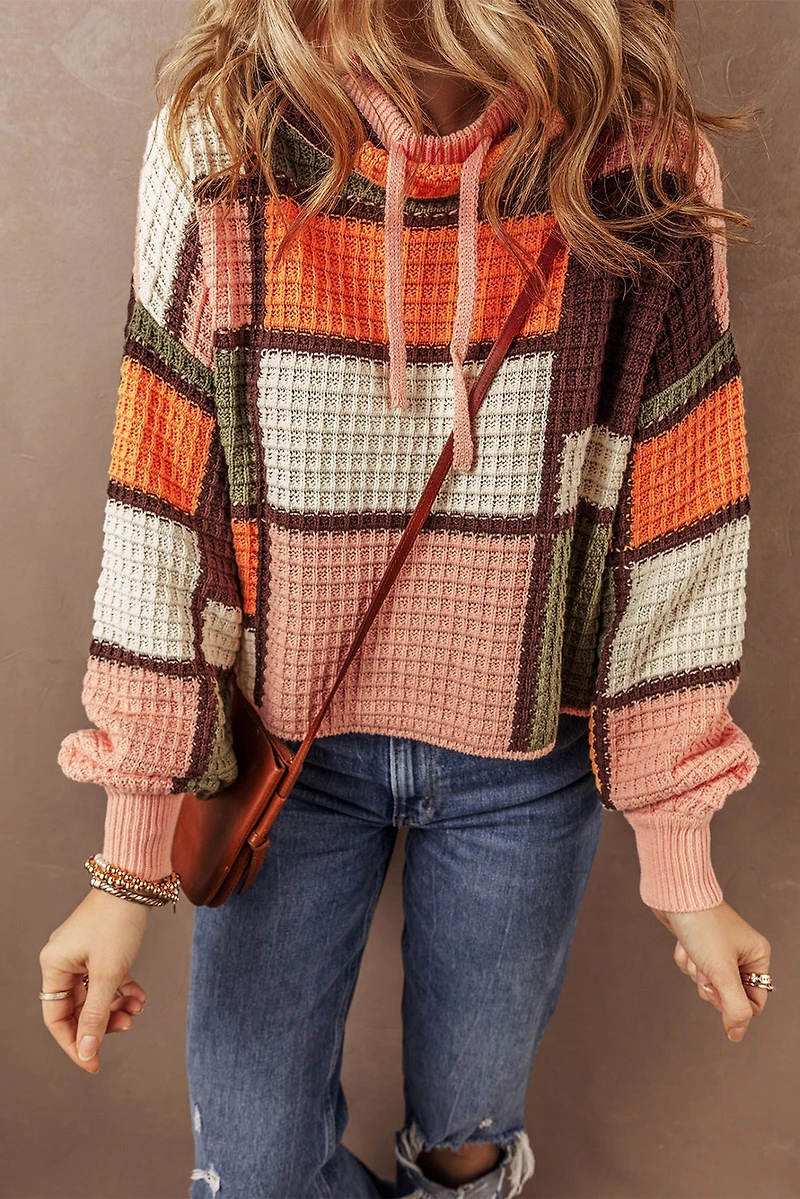 Threaded Pear Women's Zoey Waffle Knit Drawstring Mock Neck Sweater