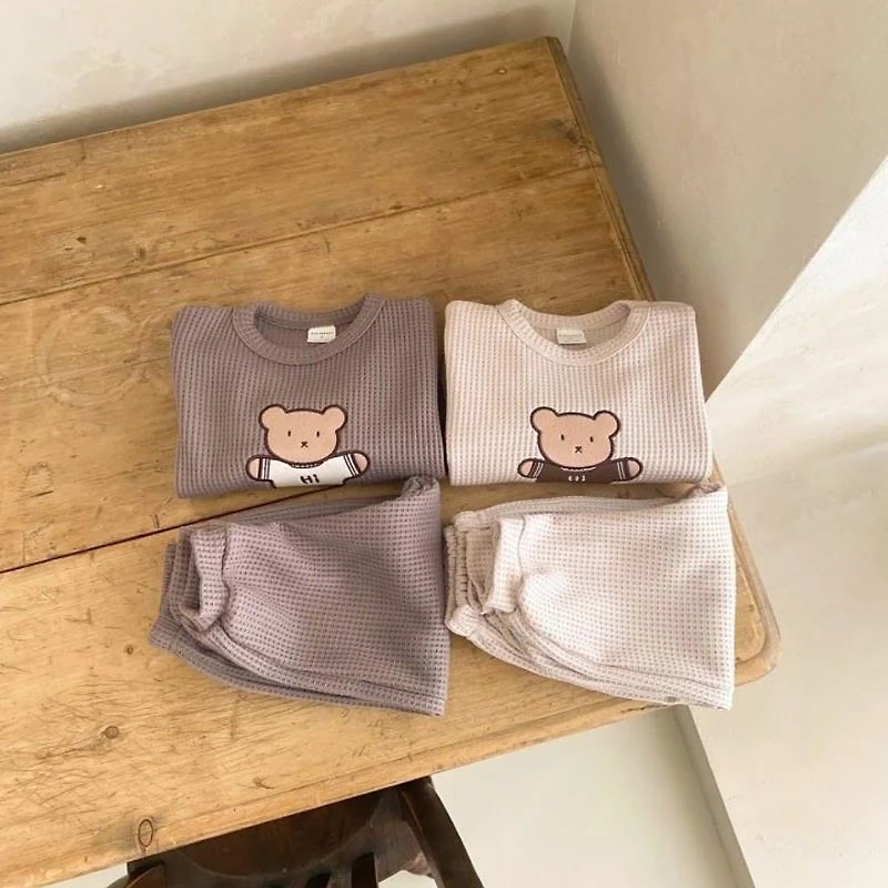MyKids-USA Baby Cartoon Bear Embroidered Pattern Waffle Fabric Hoodies Sets