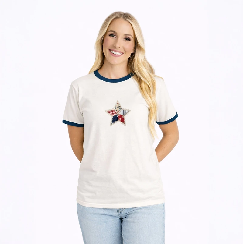 Simply Sage Market - Patriotic Star Faux Patchwork Women's Ringer Graphic T-Shirt