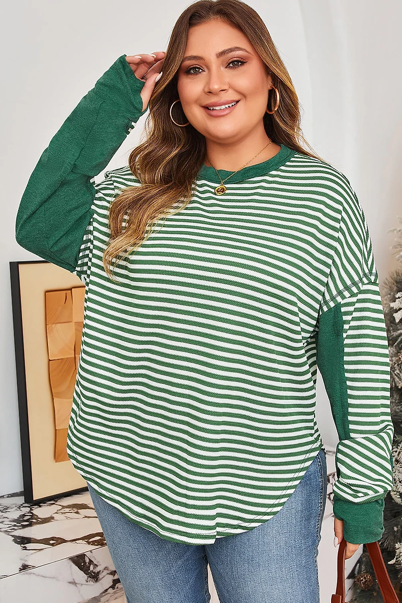 Threaded Pear Women's Green Stripe Exposed Seam Patchwork Plus Thermal Top