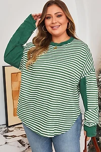 Threaded Pear Women's Green Stripe Exposed Seam Patchwork Plus Thermal Top