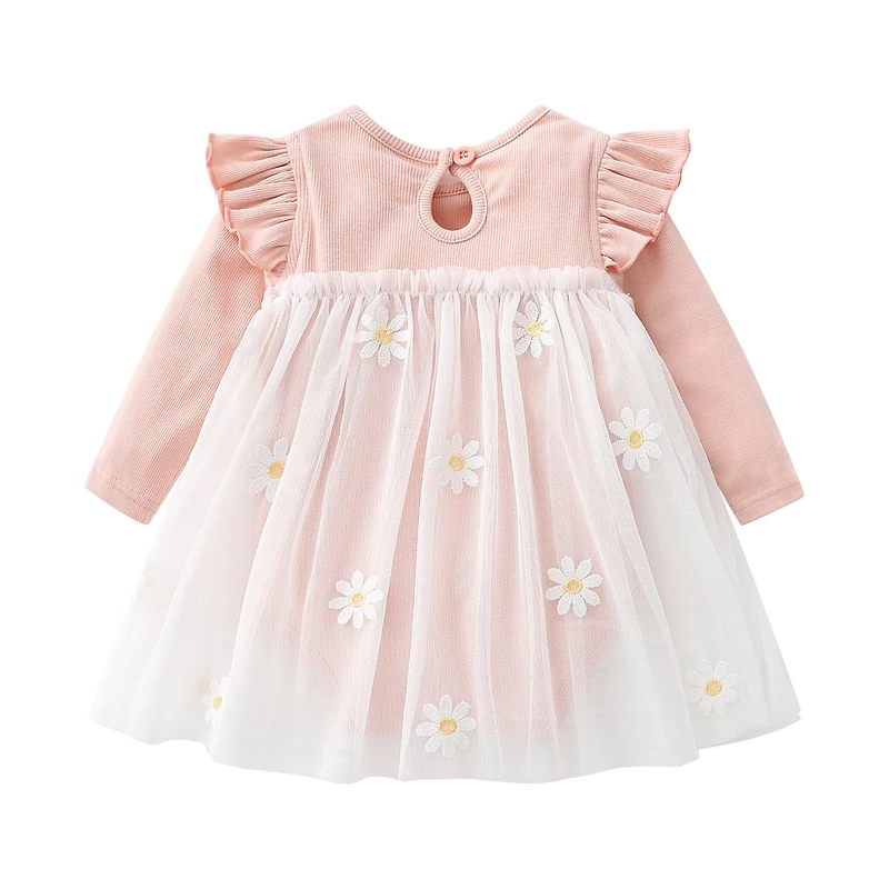 MyKids-USA Baby Girls Floral Lace Patchwork Design Ruffle Long-Sleeved Dress bodysuit In Spring & Autumn