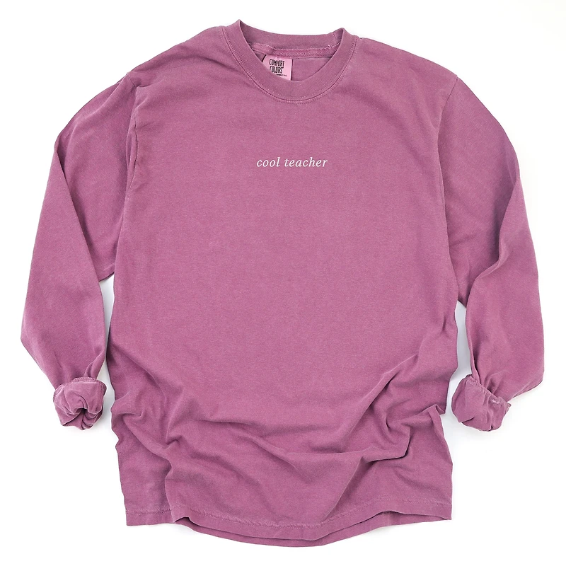Simply Sage Market - Embroidered Cool Teacher Women's Garment Dyed Long Sleeve Graphic T-Shirt