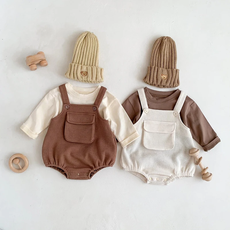 MyKids-USA Baby Cartoon Print Tops With Waffle Fabric Strap bodysuit Sets