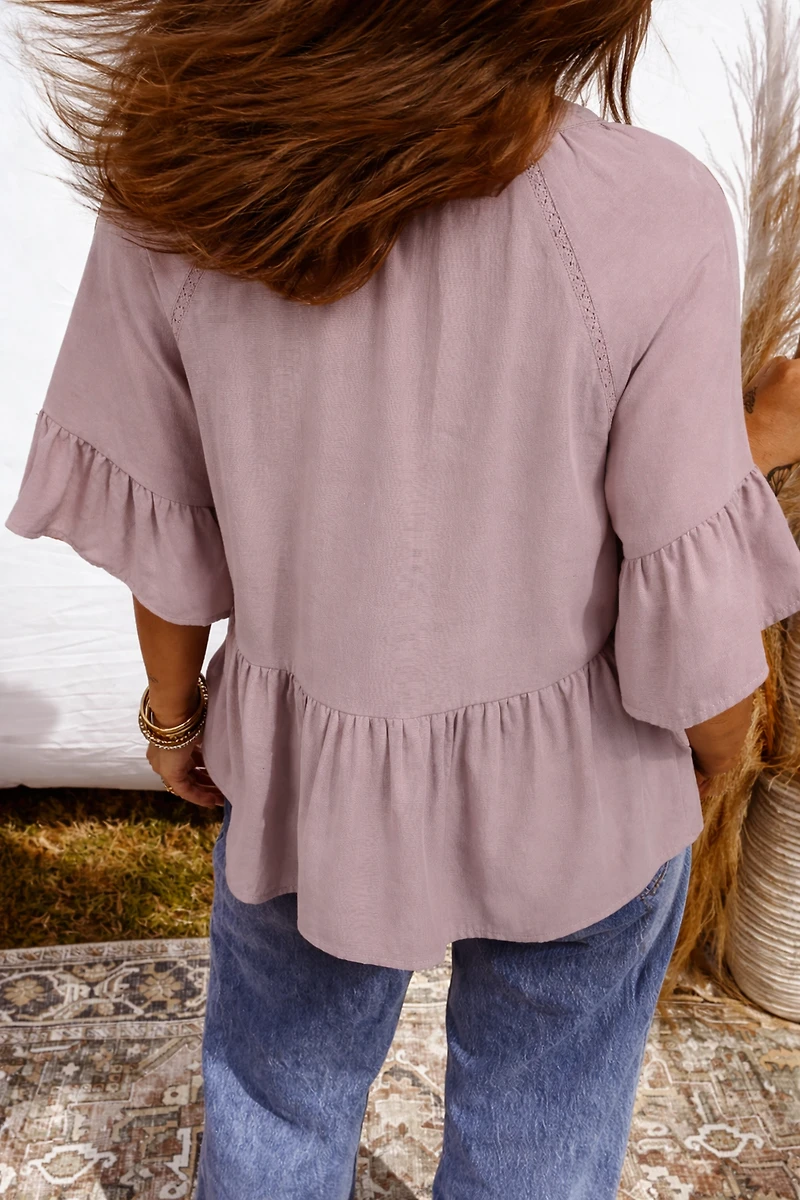 Threaded Pear Women's Ainsley Slit Ruffled Loose Blouse