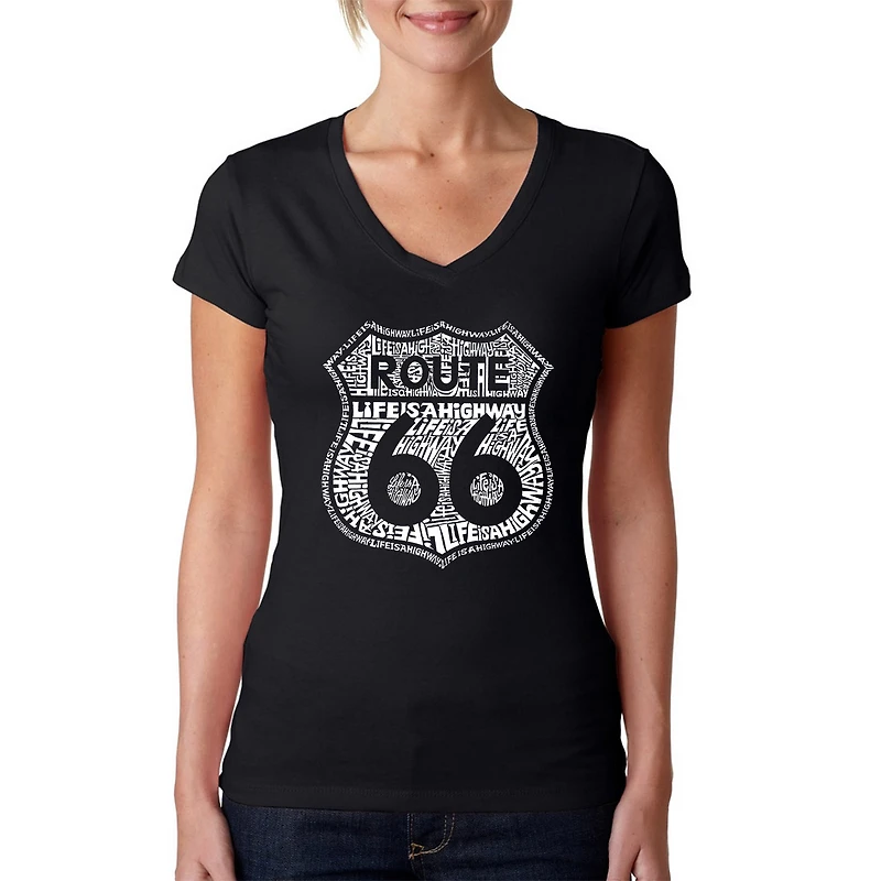 LA Pop Art Womens Word V-Neck T-Shirt - Route 66 Life is a Highway