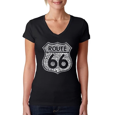 LA Pop Art Womens Word V-Neck T-Shirt - Route 66 Life is a Highway