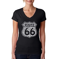 LA Pop Art Womens Word V-Neck T-Shirt - Route 66 Life is a Highway