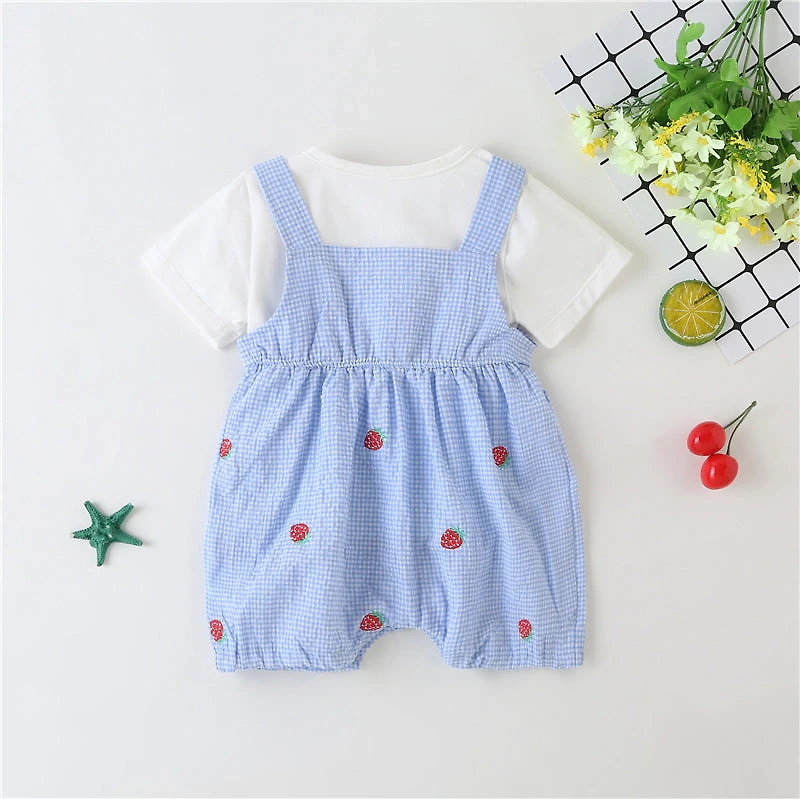 MyKids-USA Baby Girl Plaid Graphic Strawberries Embroidery Snap Button Jumpsuit & Solid Tee Sets